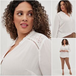 NWT Torrid White Gauze‎ Eyelet Yoke Long Sleeve Button Front Blouse Top Size 2